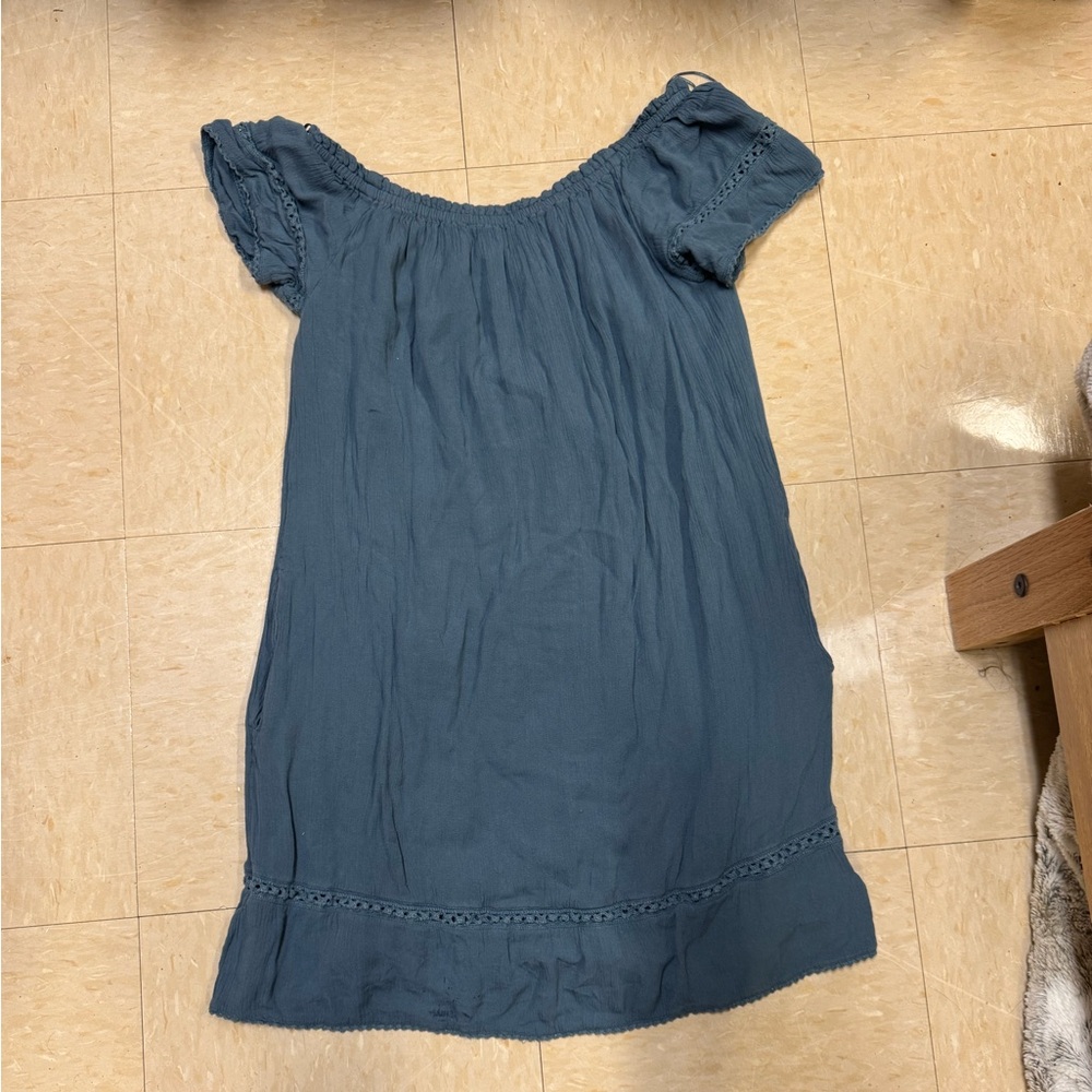 Blue Off the Shoulder Frill Boho Dress